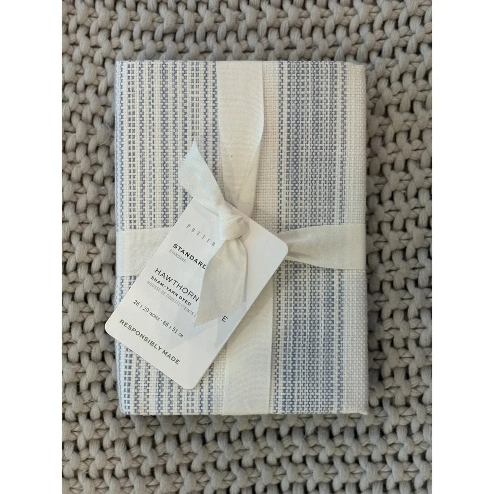 Pottery Barn Hawthorn Standard Sham Blue White Yarn Dyed Stripe 26x20 New